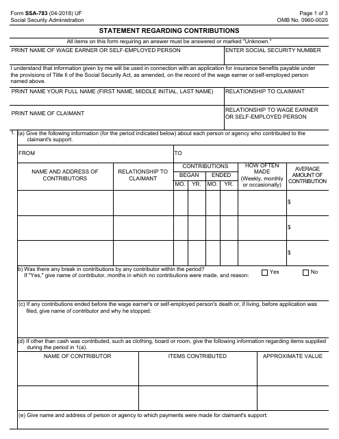 Form SSA-783  Printable Pdf