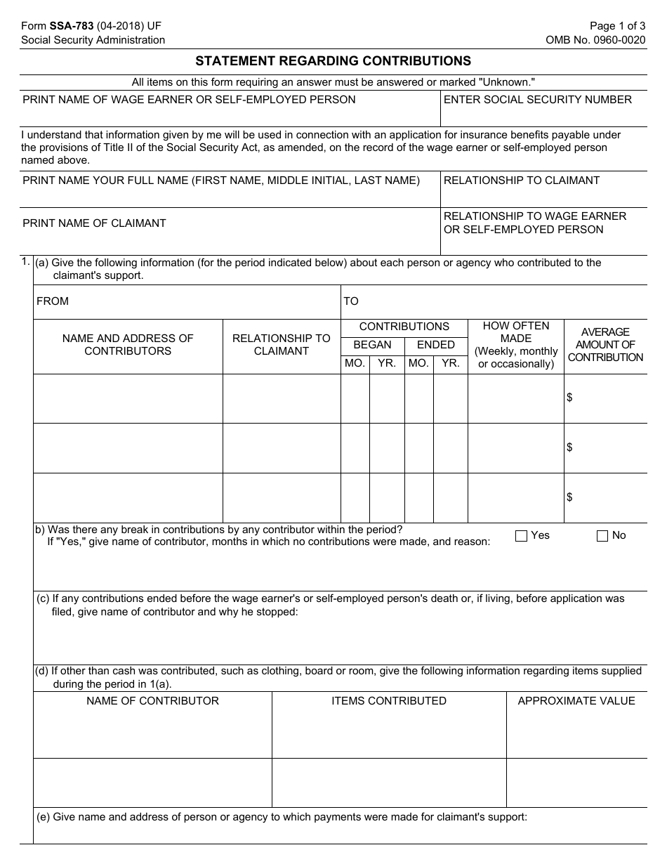 Form SSA-783 Statement Regarding Contributions, Page 1