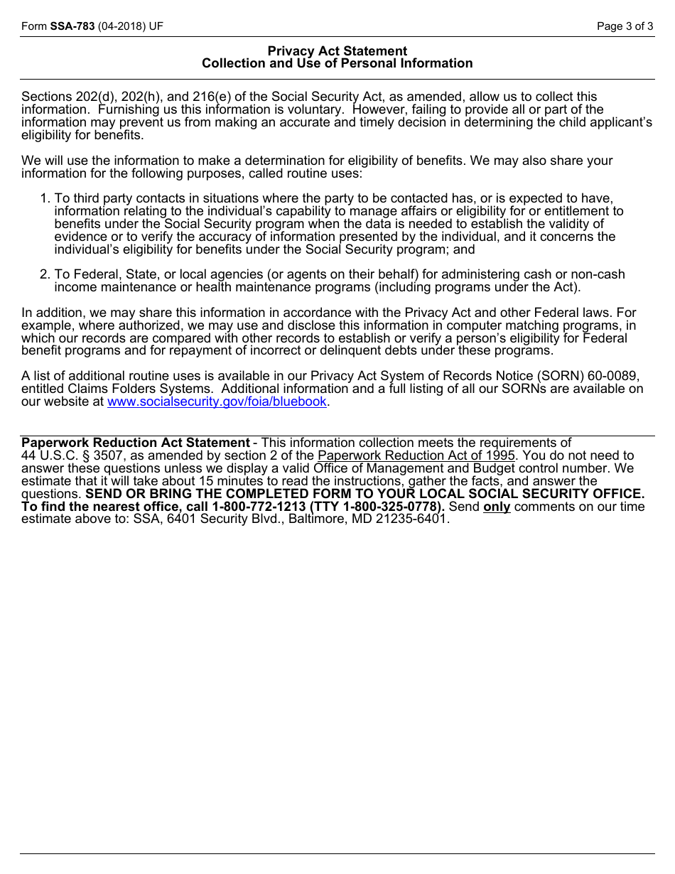 Form SSA-783 Statement Regarding Contributions, Page 3