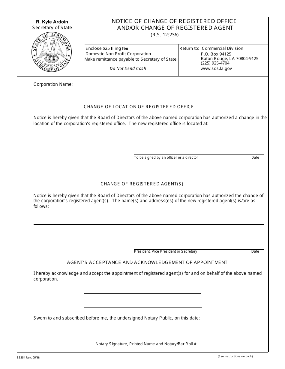 Form SS354 Notice of Change of Registered Office and / or Change of Registered Agent - Louisiana, Page 2