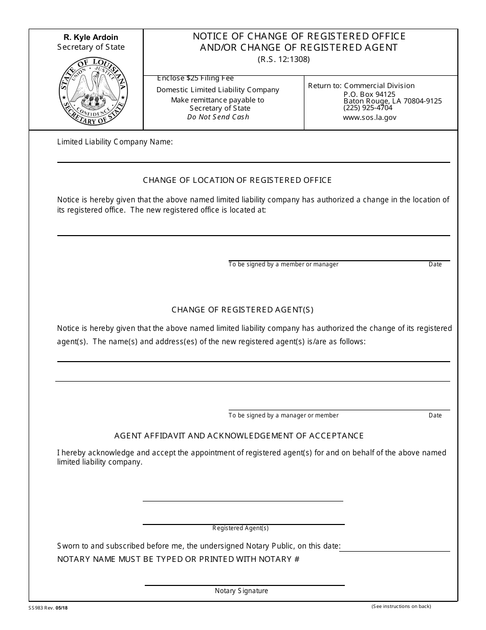 Form SS983 Notice of Change of Registered Office and / or Change of Registered Agent - Louisiana, Page 2