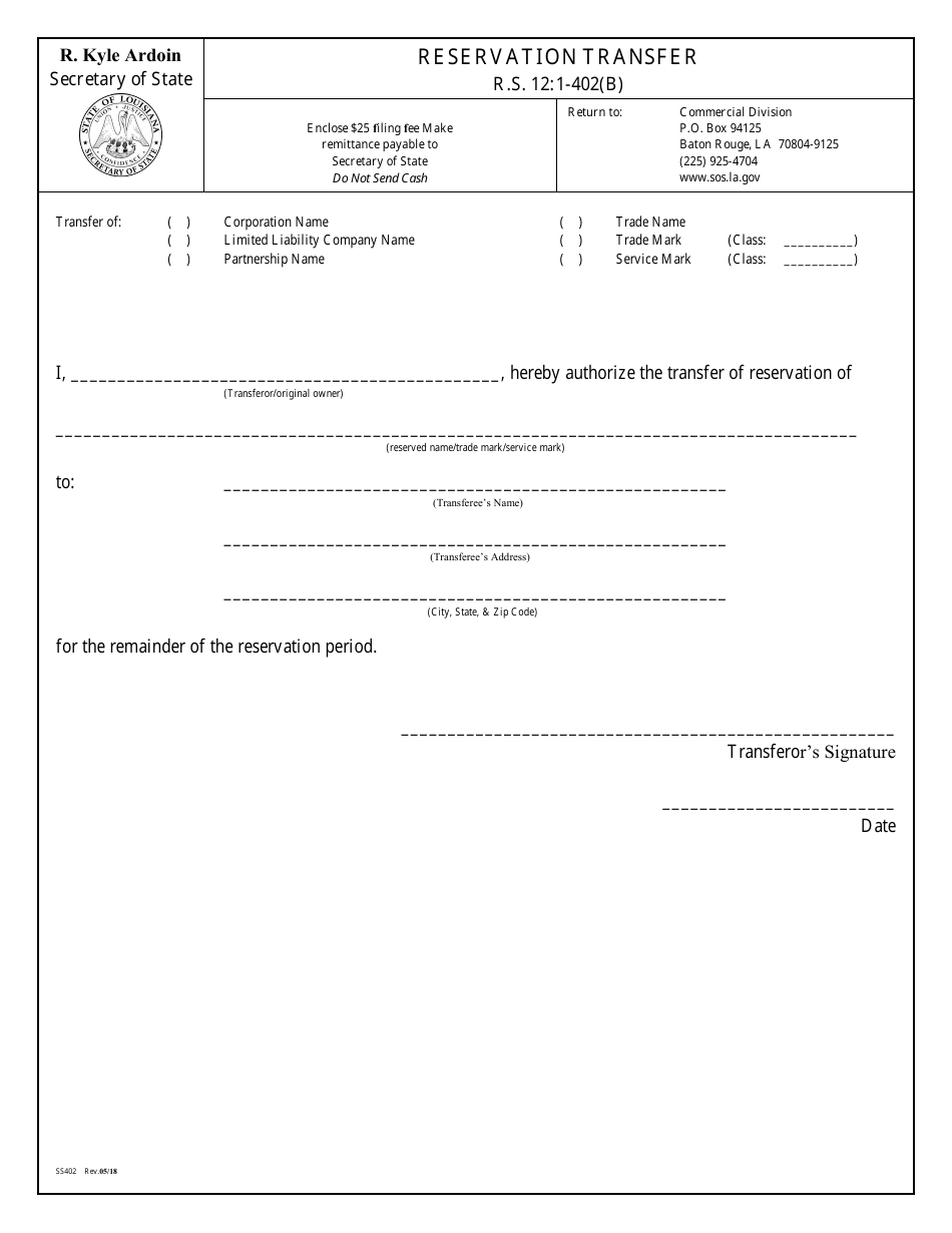 Form SS402 Reservation Transfer - Louisiana, Page 2