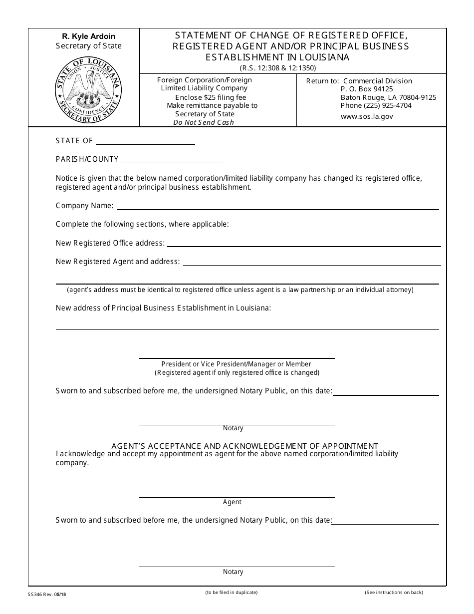 Form SS346 Statement of Change of Registered Office, Registered Agent and / or Principal Business Establishment in Louisiana - Louisiana, Page 2