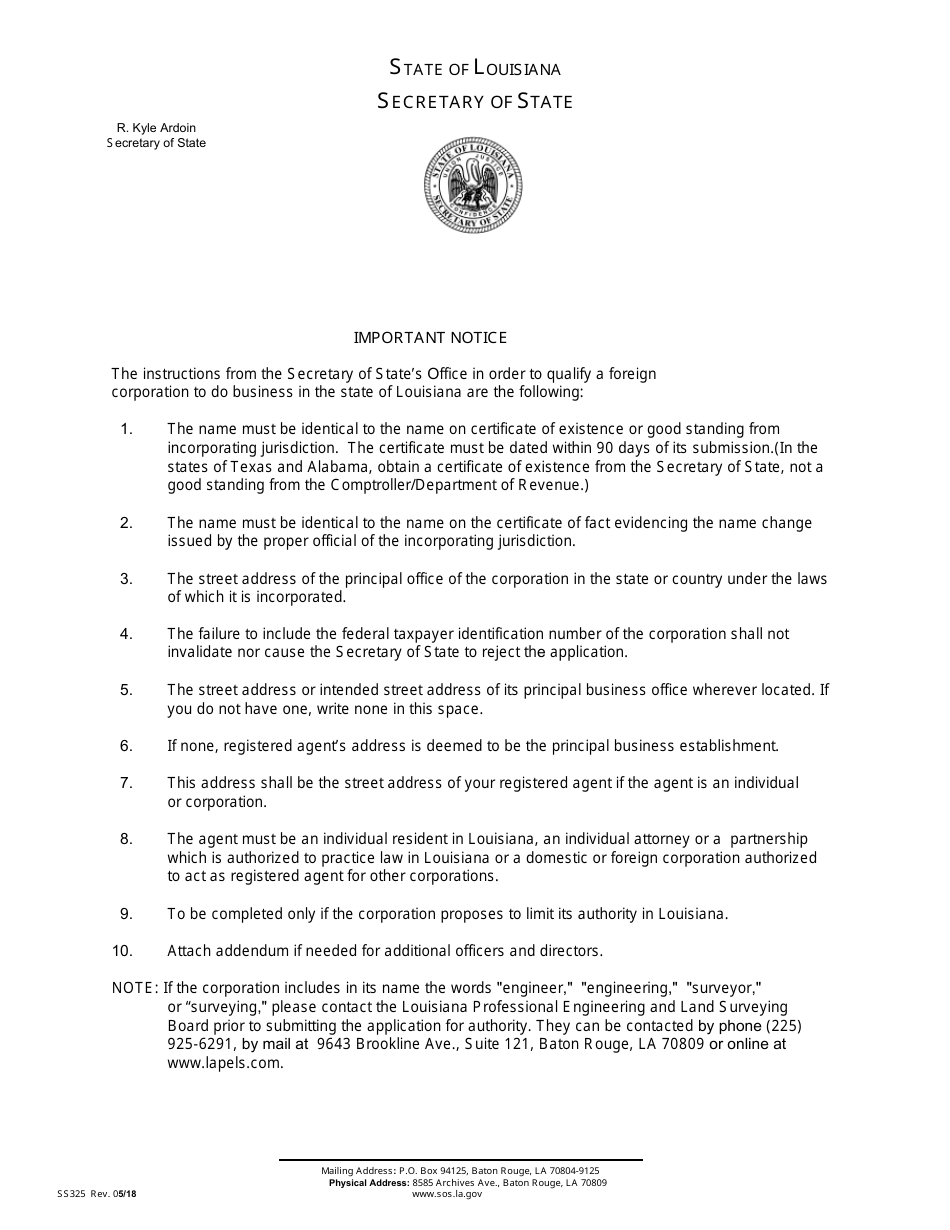Form SS326 Application for Authority to Transact Business in Louisiana - Louisiana, Page 3