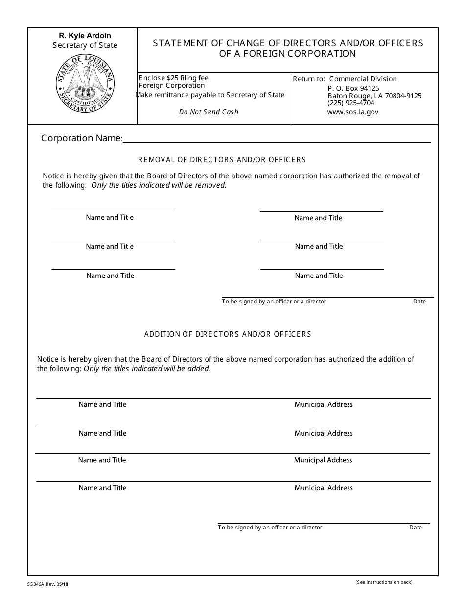 Form SS346A Statement of Change of Directors and / or Officers of a Foreign Corporation - Louisiana, Page 2