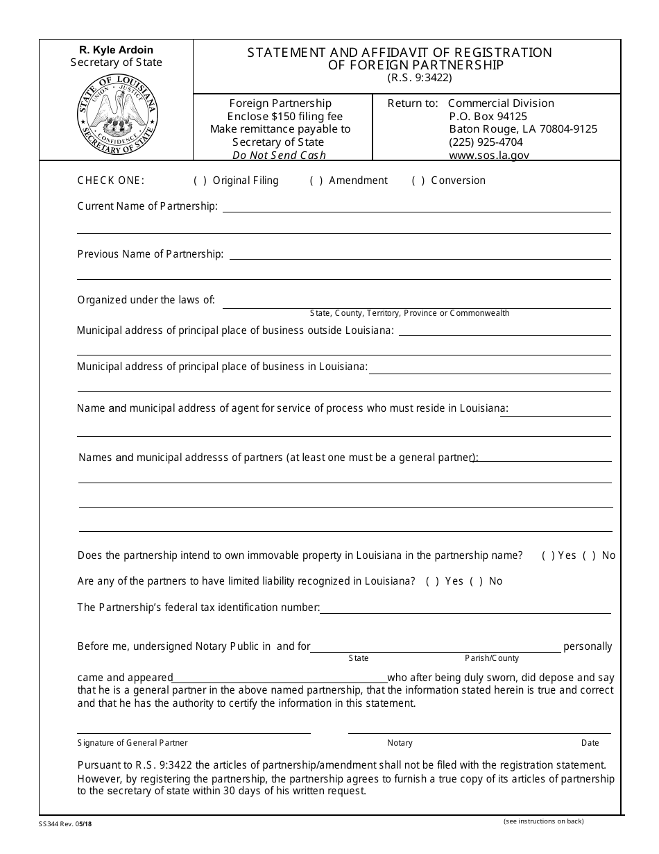 Form SS344 Statement and Affidavit of Registration of Foreign Partnership - Louisiana, Page 2