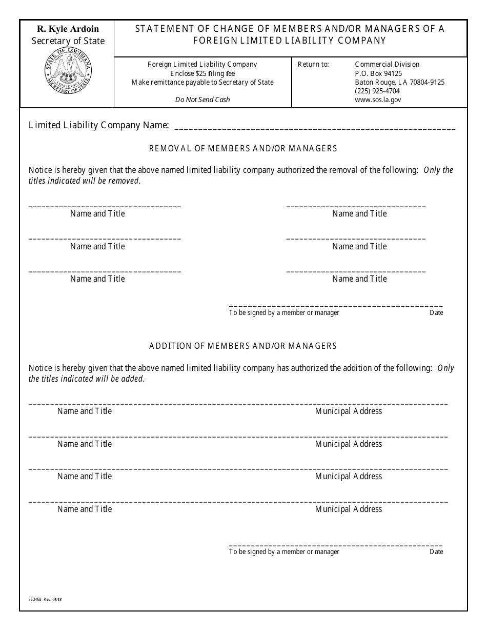 Form SS346B Statement of Change of Members and / or Managers of a Foreign Limited Liability Company - Louisiana, Page 2