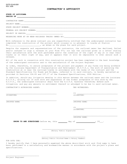 Form DOTD03-40-0001 Contractor's Affidavit - Louisiana