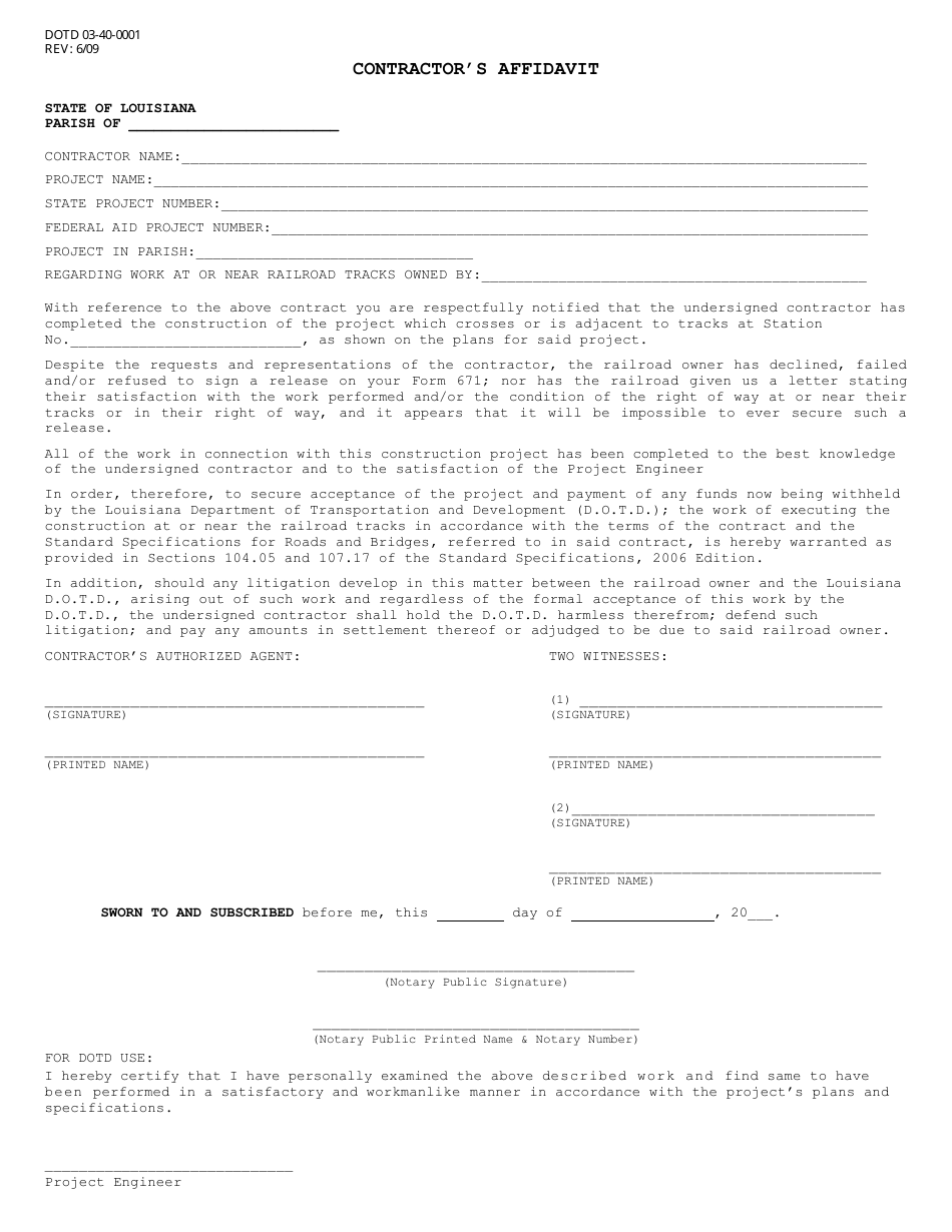 Form DOTD03-40-0001 Contractors Affidavit - Louisiana, Page 1