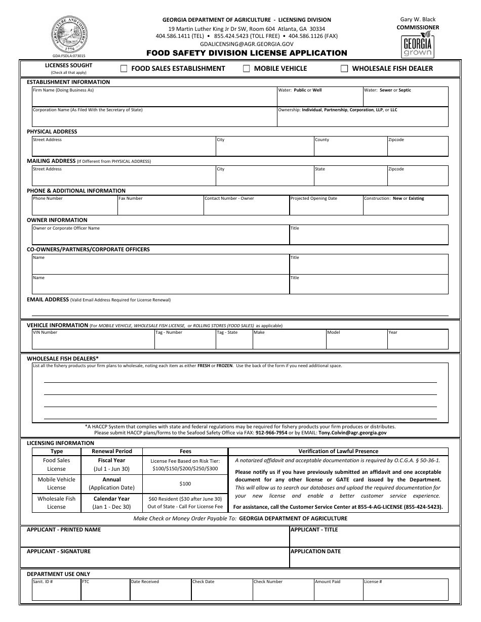 Food Safety Division License Application Form - Georgia (United States), Page 1