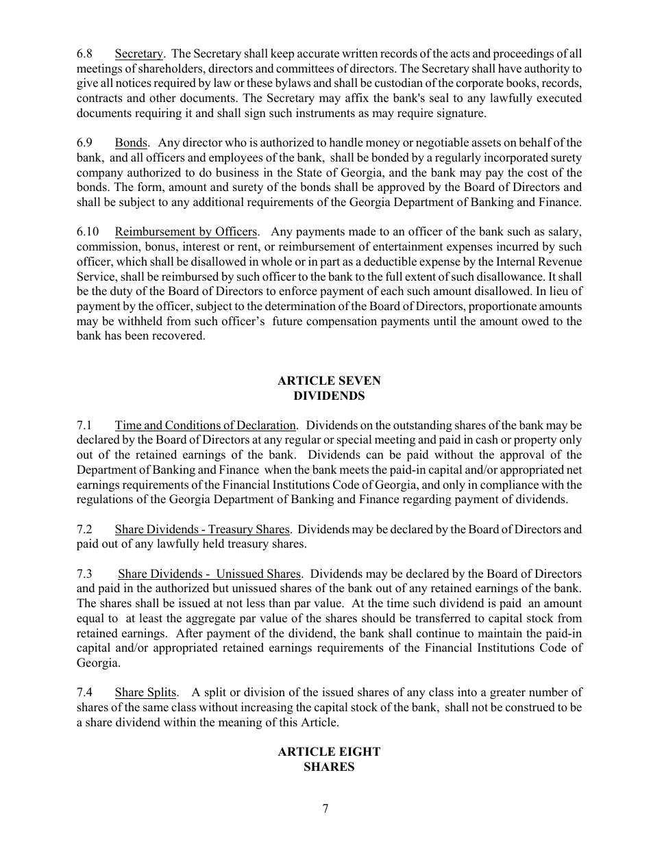 Standard Bylaws for Banks - Georgia (United States), Page 11