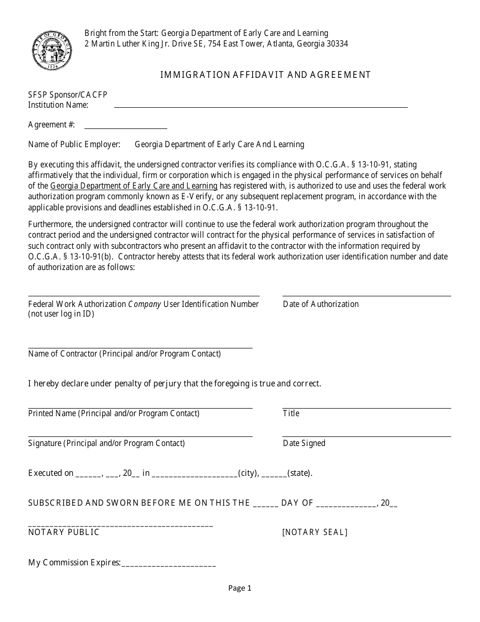 Immigration Affidavit and Agreement Form - Georgia (United States), Page 1