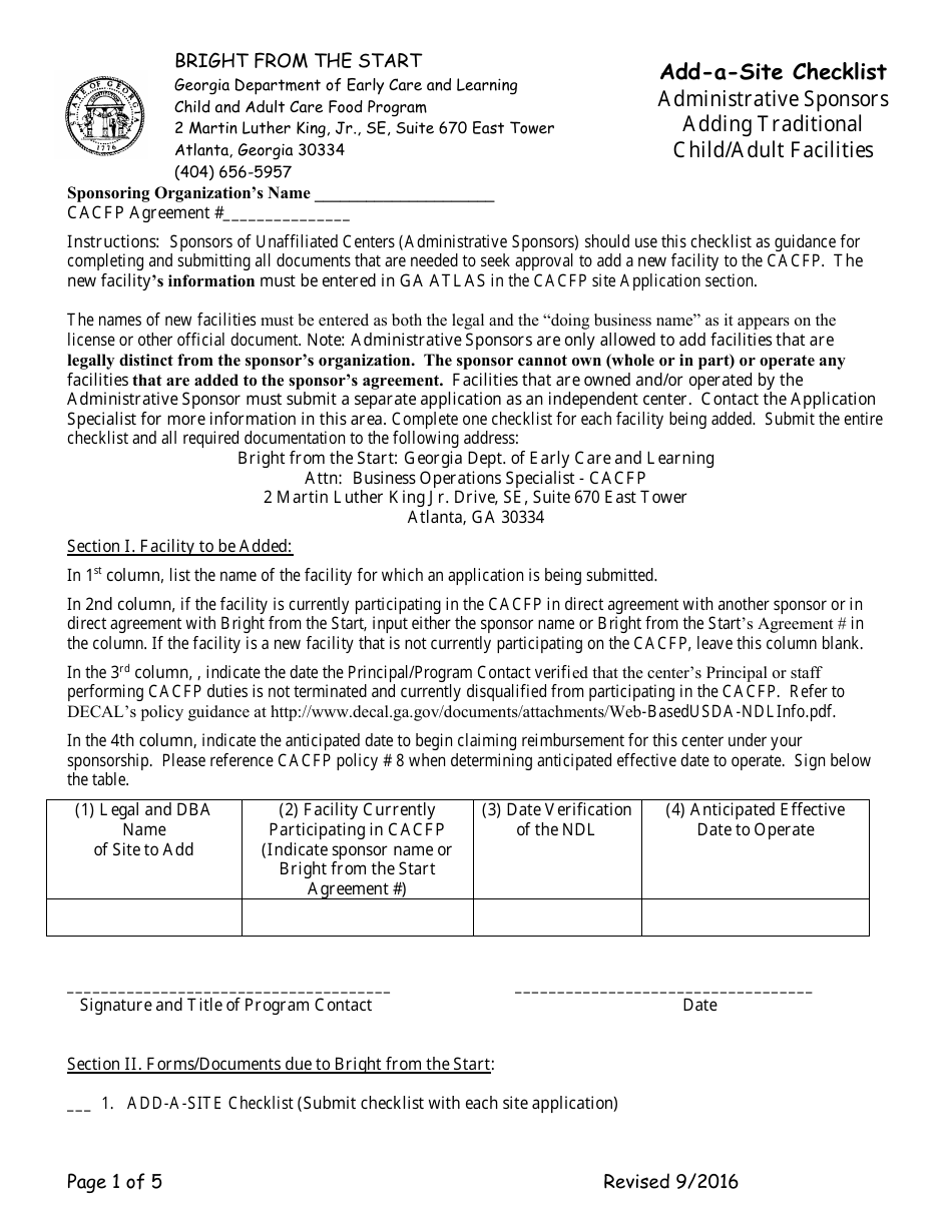 Add-A-site Checklist - Administrative Sponsors (Adding Traditional Child / Adult Facilities) - Georgia (United States), Page 1