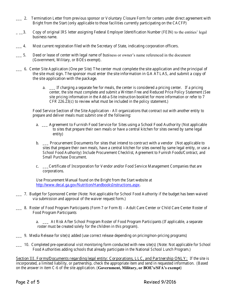 Add-A-site Checklist - Administrative Sponsors (Adding Traditional Child / Adult Facilities) - Georgia (United States), Page 2