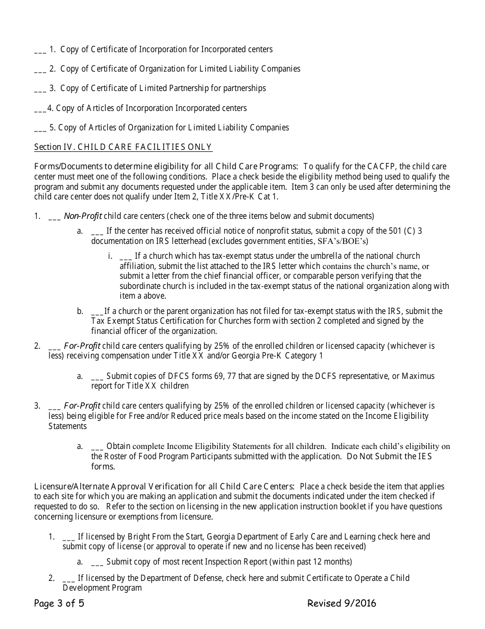 Add-A-site Checklist - Administrative Sponsors (Adding Traditional Child / Adult Facilities) - Georgia (United States), Page 3