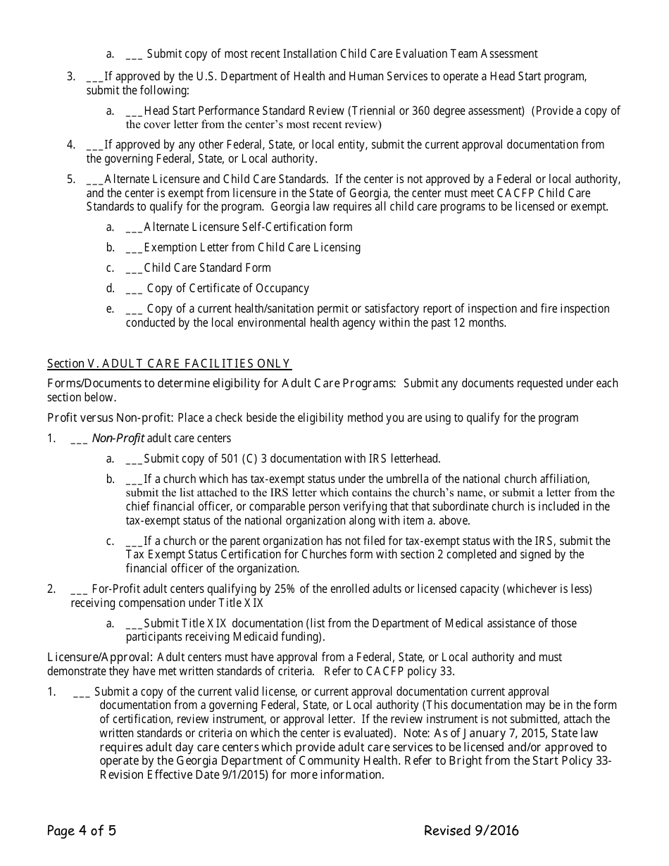 Add-A-site Checklist - Administrative Sponsors (Adding Traditional Child / Adult Facilities) - Georgia (United States), Page 4