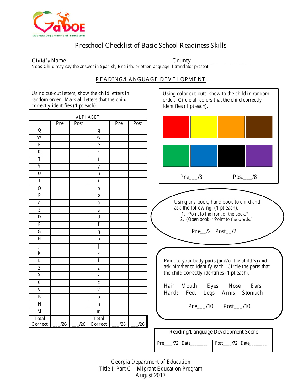 Preschool Checklist of Basic School Readiness Skills - Georgia (United States), Page 1