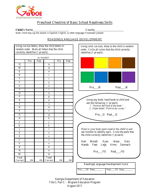 Preschool Checklist of Basic School Readiness Skills - Georgia (United States)