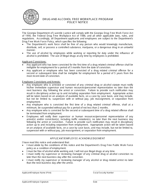 Drug and Alcohol Free Workplace Program Policy Notice - Georgia (United States) Download Pdf