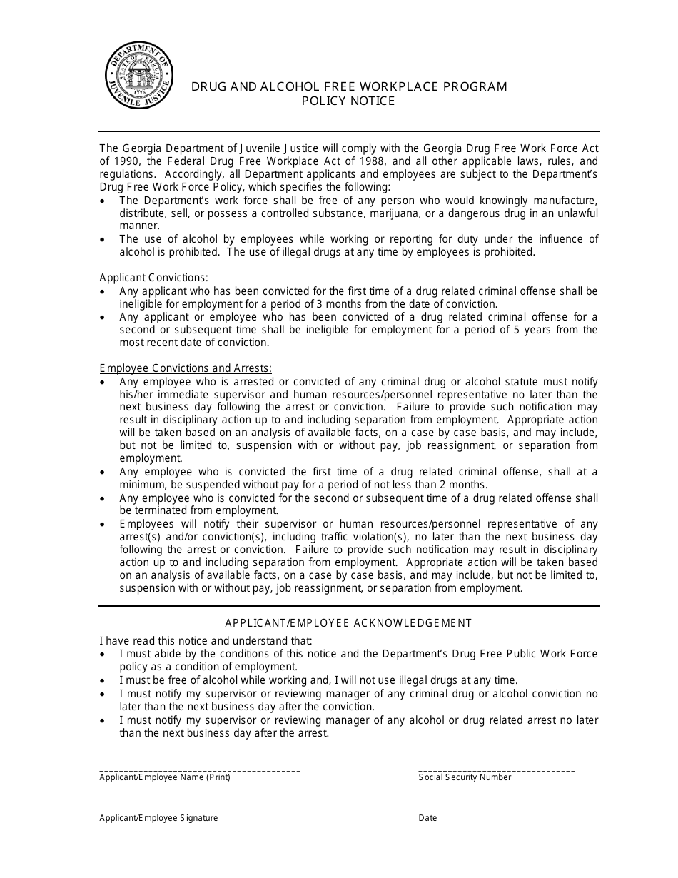 Drug and Alcohol Free Workplace Program Policy Notice - Georgia (United States), Page 1