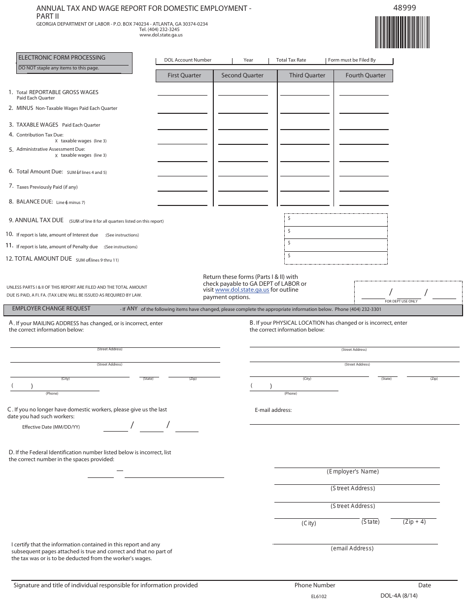 Form DOL-4A Annual Tax and Wage Report for Domestic Employment - Georgia (United States), Page 3