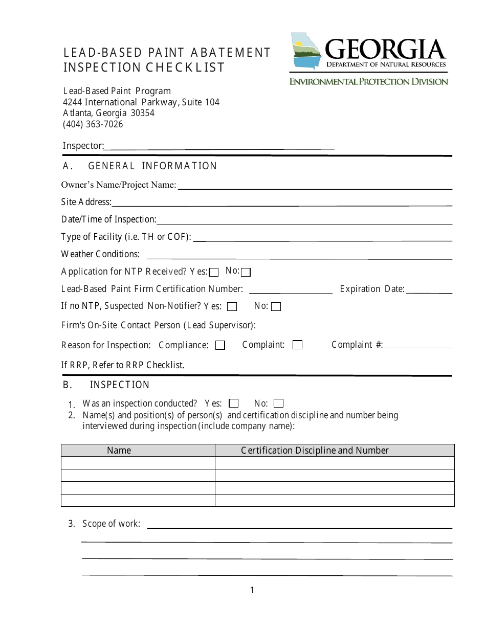 Lead-Based Paint Abatement Inspection Checklist - Georgia (United States), Page 1