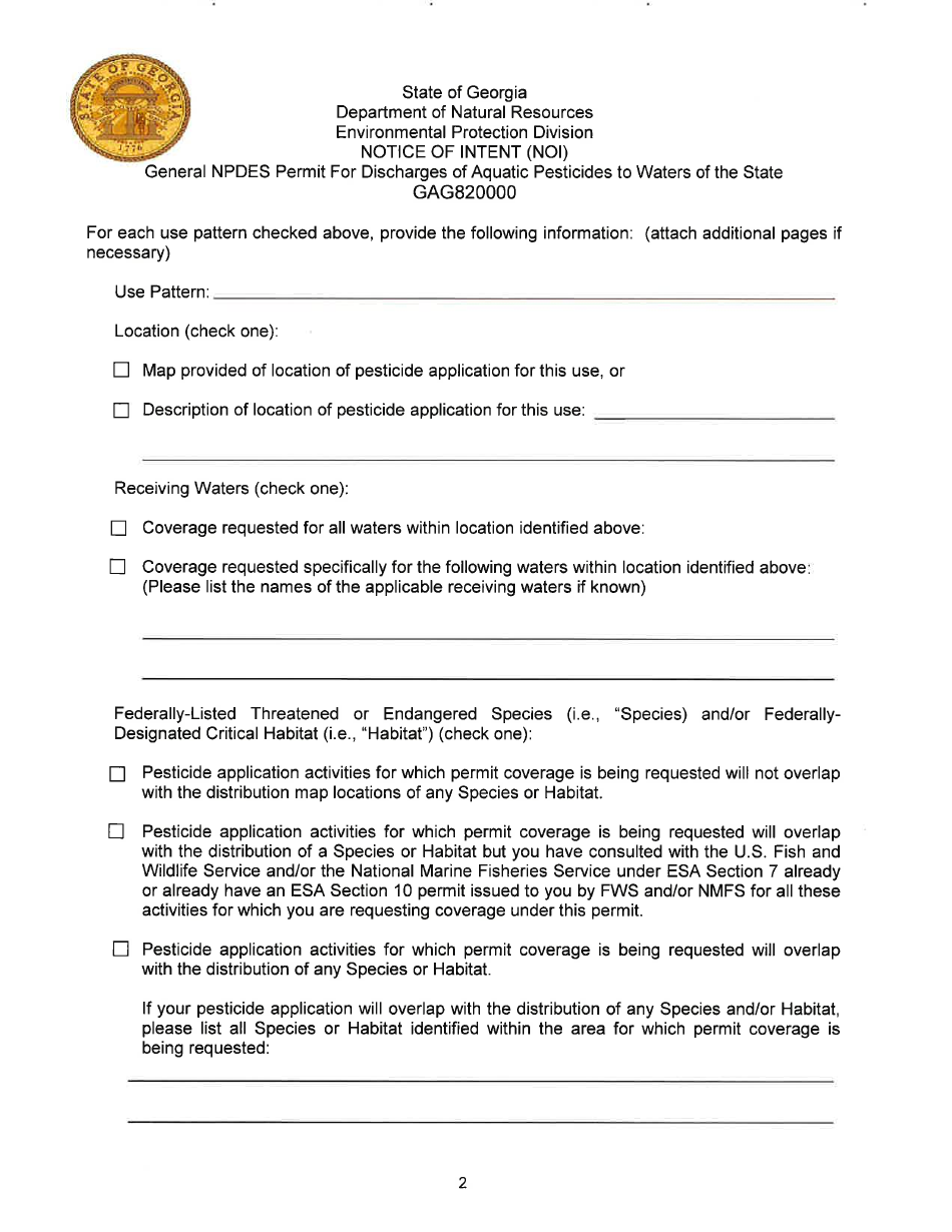 Notice of Intent (Noi) General Npdes Permit for Discharges of Aquatic Pesticides to Waters of the State Gag820000 - Georgia (United States), Page 2