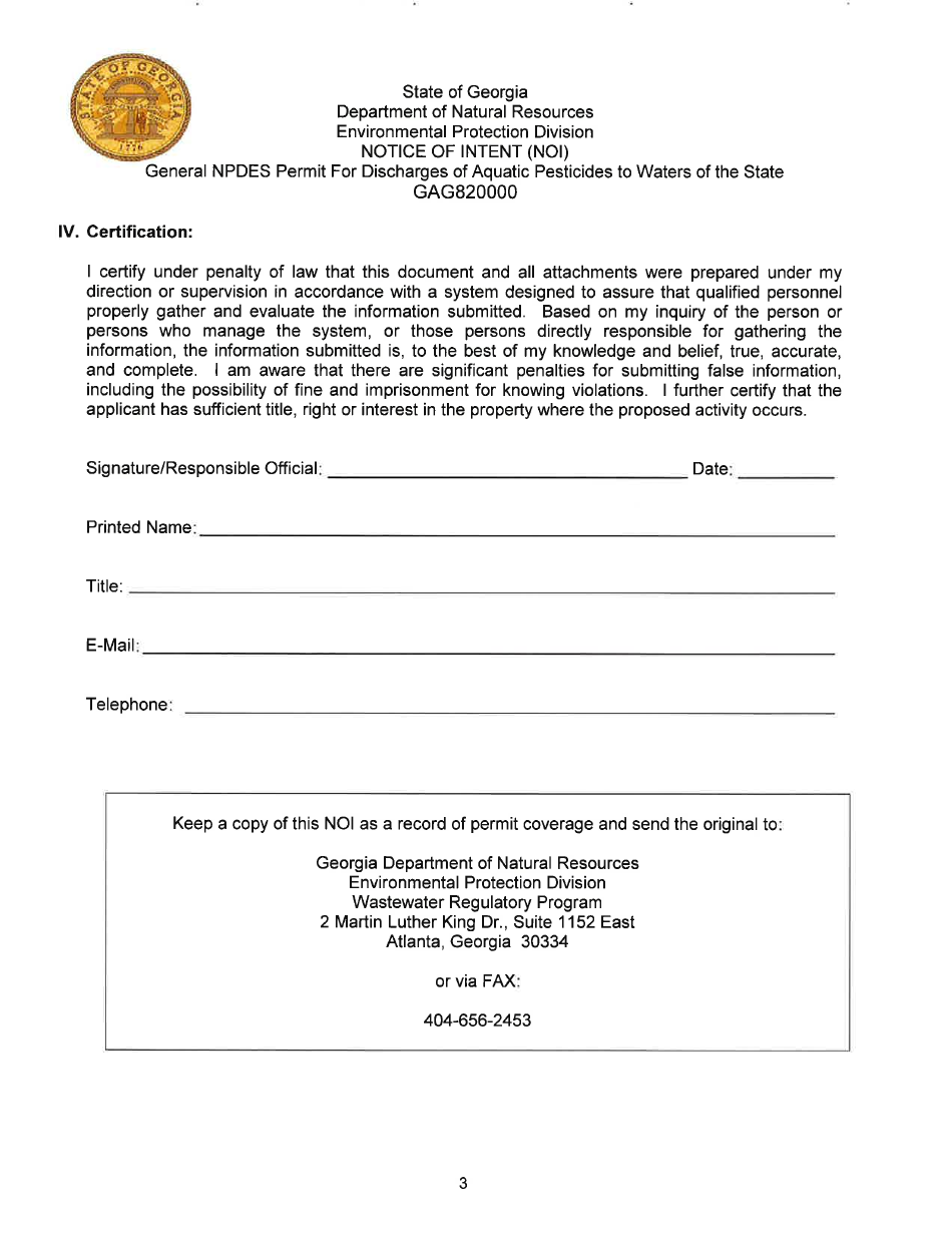 Notice of Intent (Noi) General Npdes Permit for Discharges of Aquatic Pesticides to Waters of the State Gag820000 - Georgia (United States), Page 3