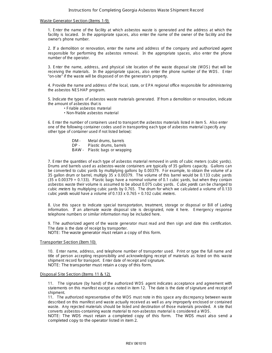Georgia Asbestos Waste Shipment Record Form - Georgia (United States), Page 2