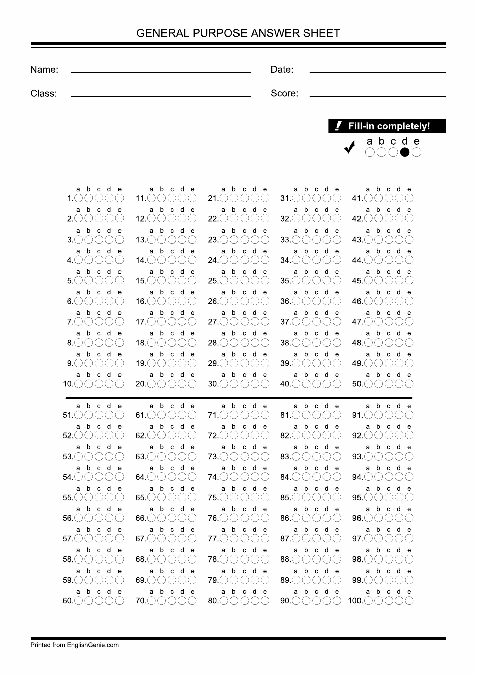General Purpose Answer Sheet Template Preview Image