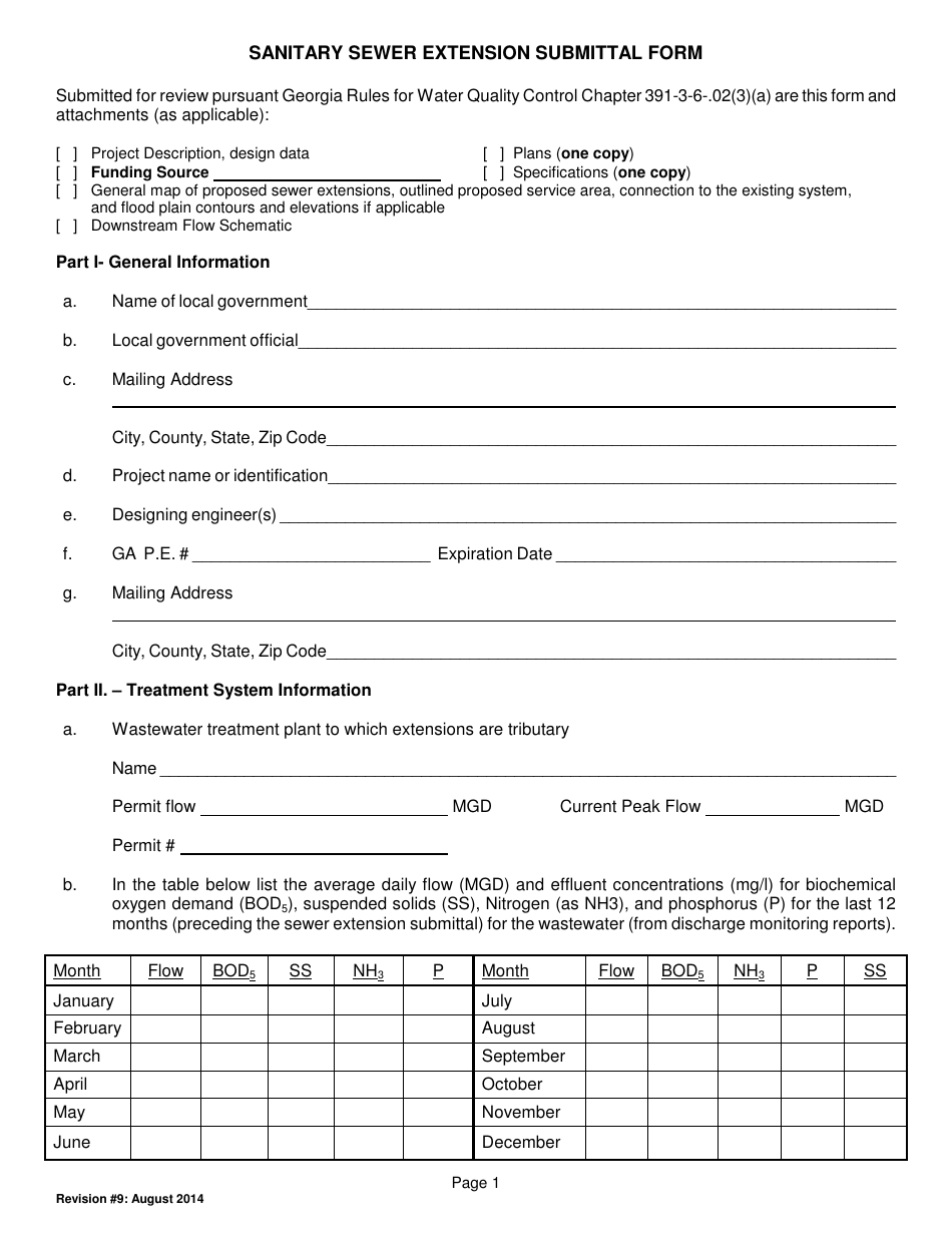 Sanitary Sewer Extension Submittal Form - Georgia (United States), Page 1