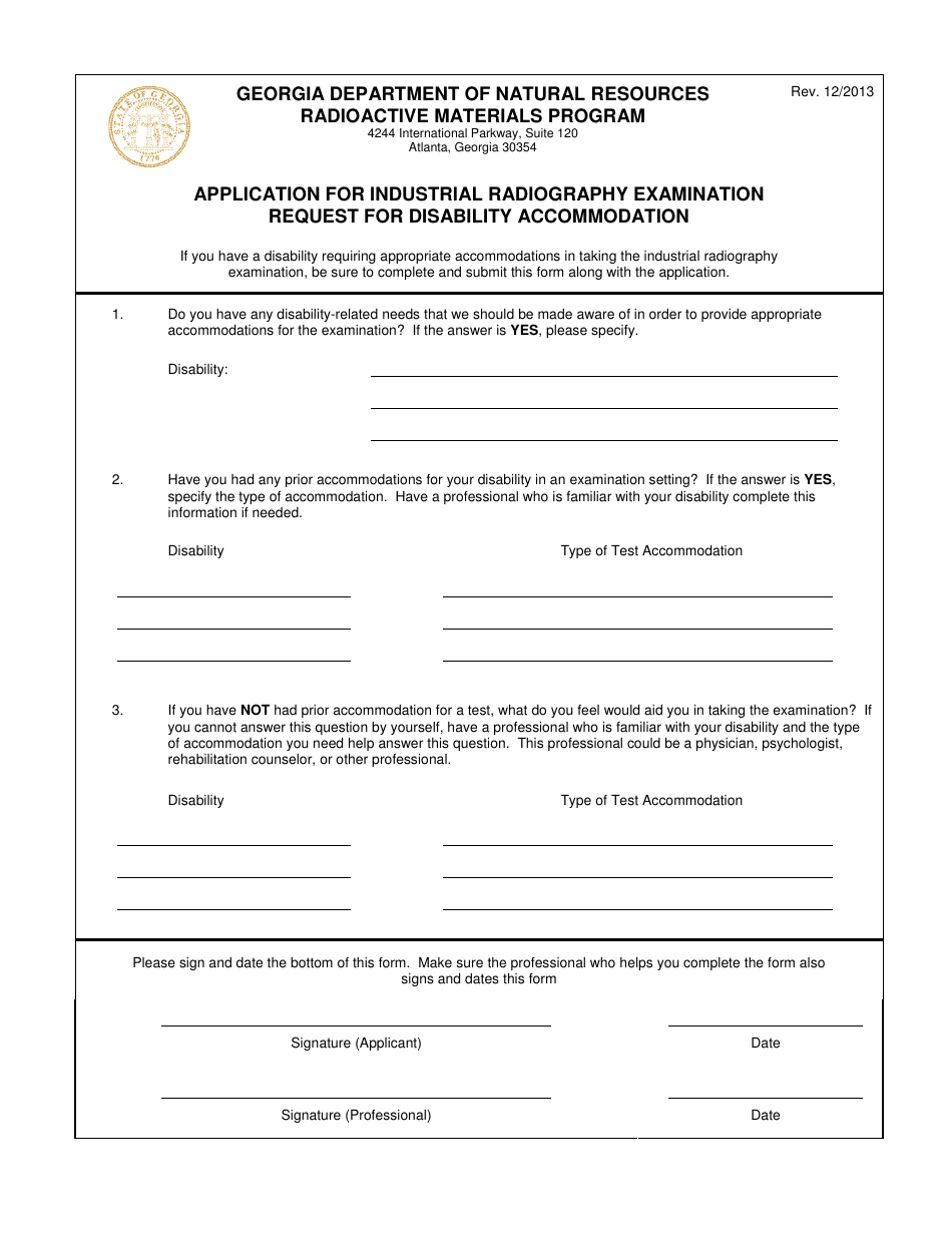 Application for Industrial Radiography Examination Request for Disability Accommodation - Georgia (United States), Page 1