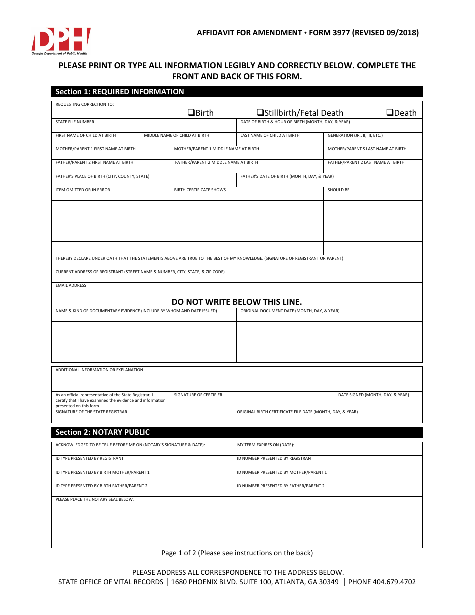 Form 3977 Affidavit for Amendment - Georgia (United States), Page 1