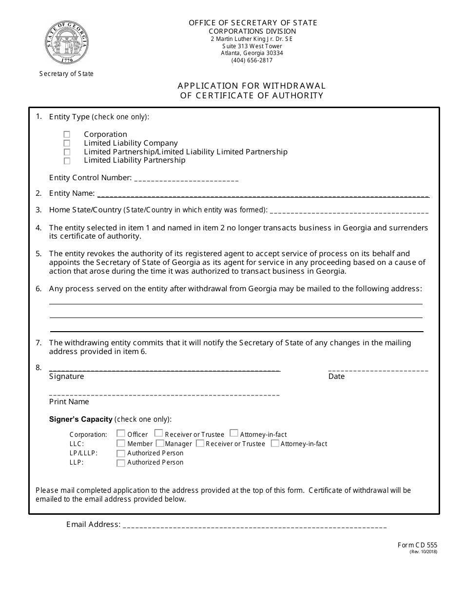 Form CD555 Application for Withdrawal of Certificate of Authority - Georgia (United States), Page 1