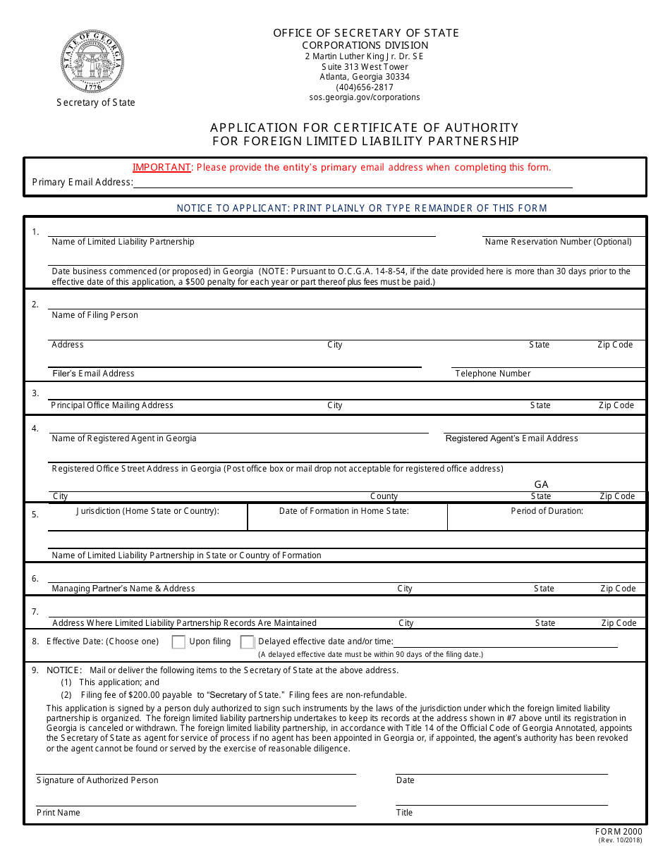 Form 2000 Application for Certificate of Authority for Foreign Limited Liability Partnership - Georgia (United States), Page 1