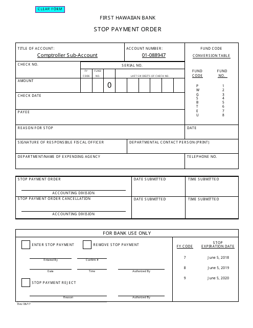 Stop Payment Order - Hawaii Download Pdf