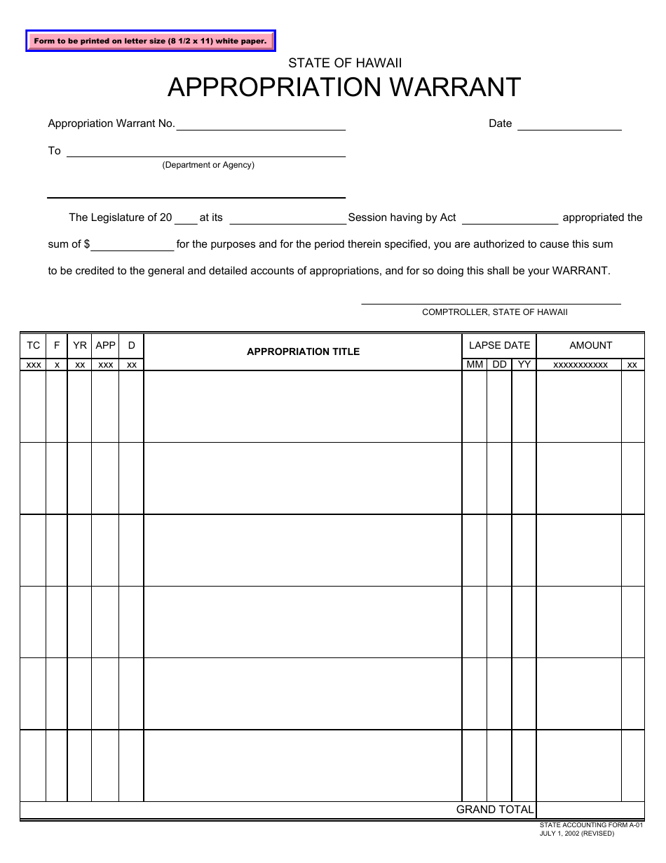 Form A-01 Appropriation Warrant - Hawaii, Page 1