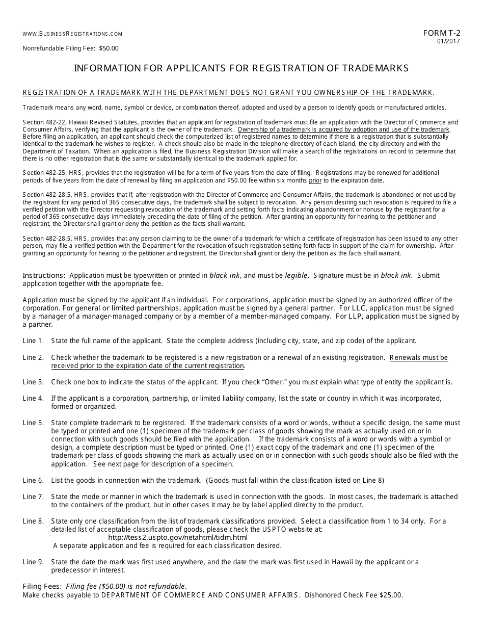 Form T-2 Application for Registration of Trademark - Hawaii, Page 2