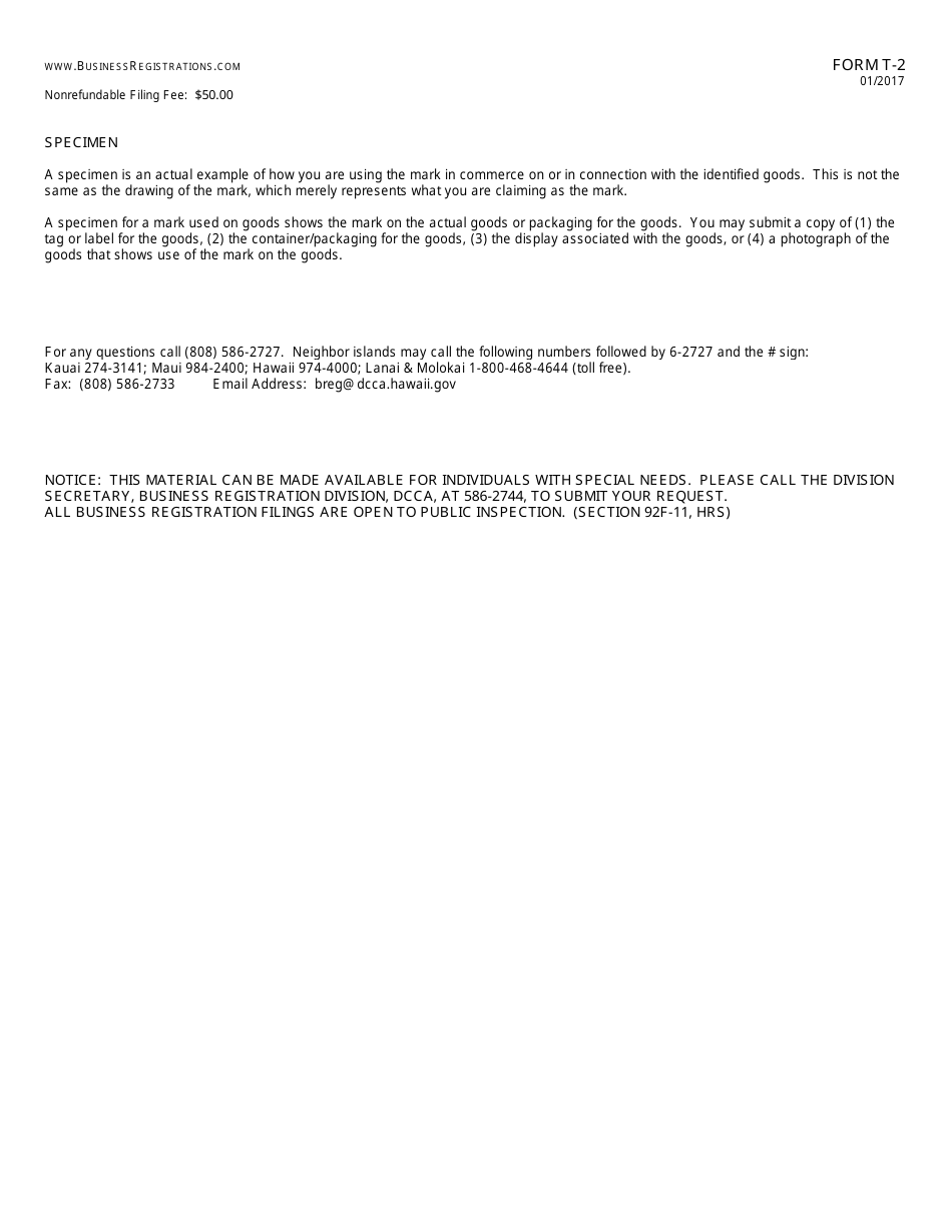 Form T-2 Application for Registration of Trademark - Hawaii, Page 3