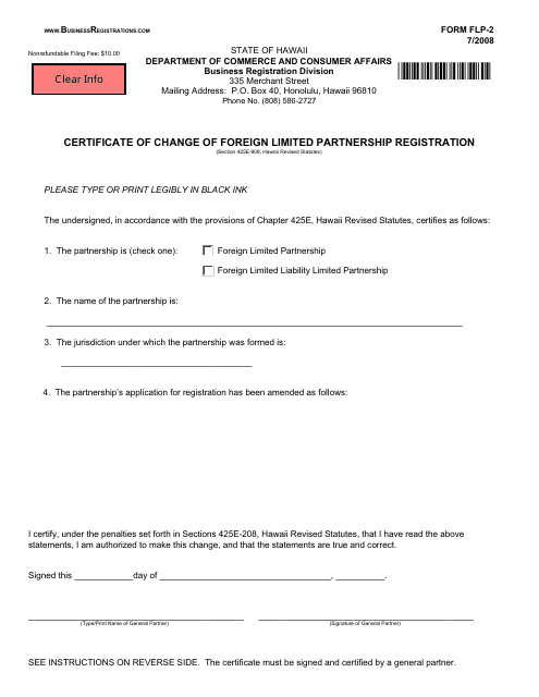 Form FLP-2 Certificate of Change of Foreign Limited Partnership Registration - Hawaii