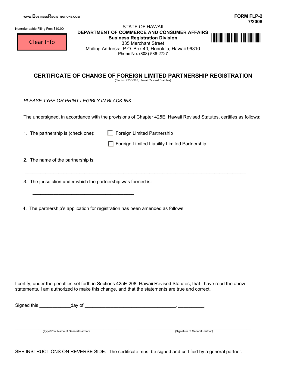 Form FLP-2 Certificate of Change of Foreign Limited Partnership Registration - Hawaii, Page 1