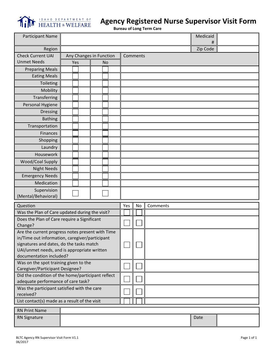 Idaho Agency Registered Nurse Supervisor Visit Form - Fill Out, Sign ...