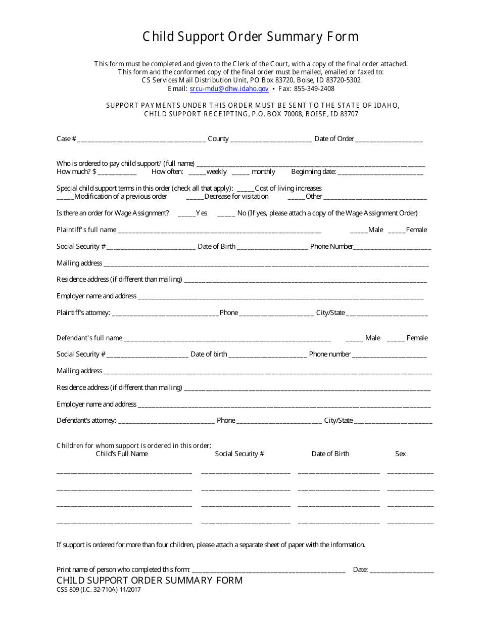 Form CSS809 Child Support Order Summary Form - Idaho, Page 1