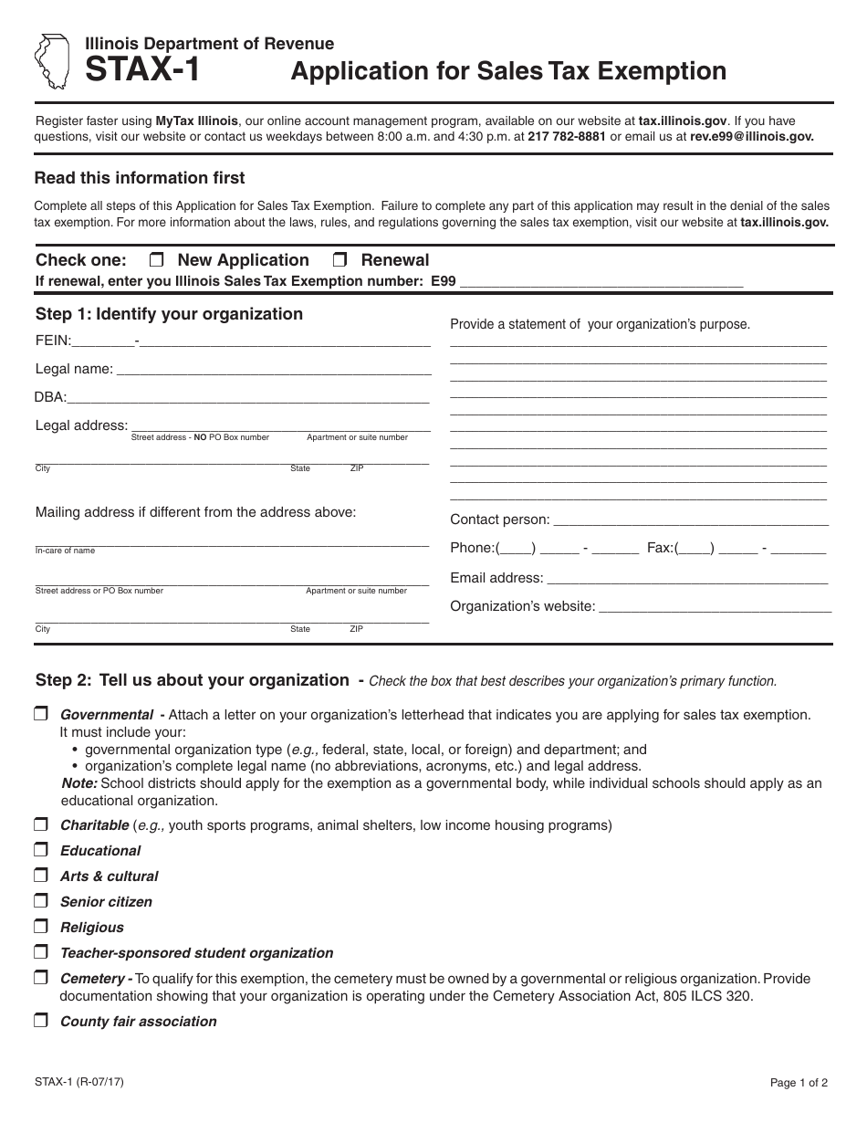 Form STAX-1 Application for Sales Tax Exemption - Illinois, Page 1