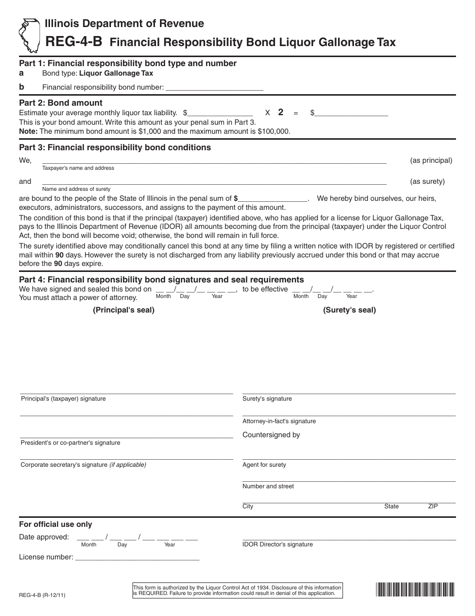 Form REG-4-B Financial Responsibility Bond Liquor Gallonage Tax - Illinois, Page 1