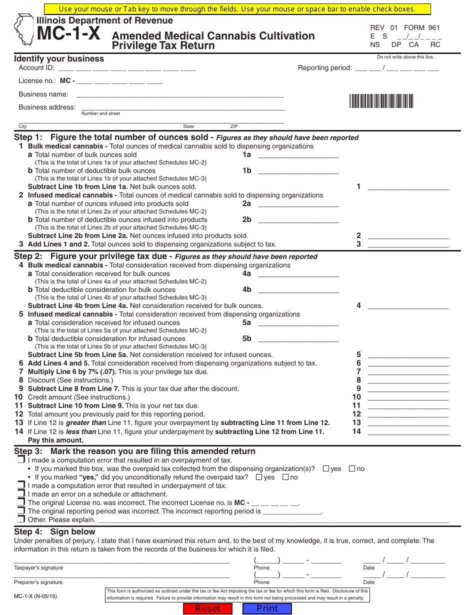 Form MC-1-X Amended Medical Cannabis Cultivation Privilege Tax Return - Illinois, Page 1