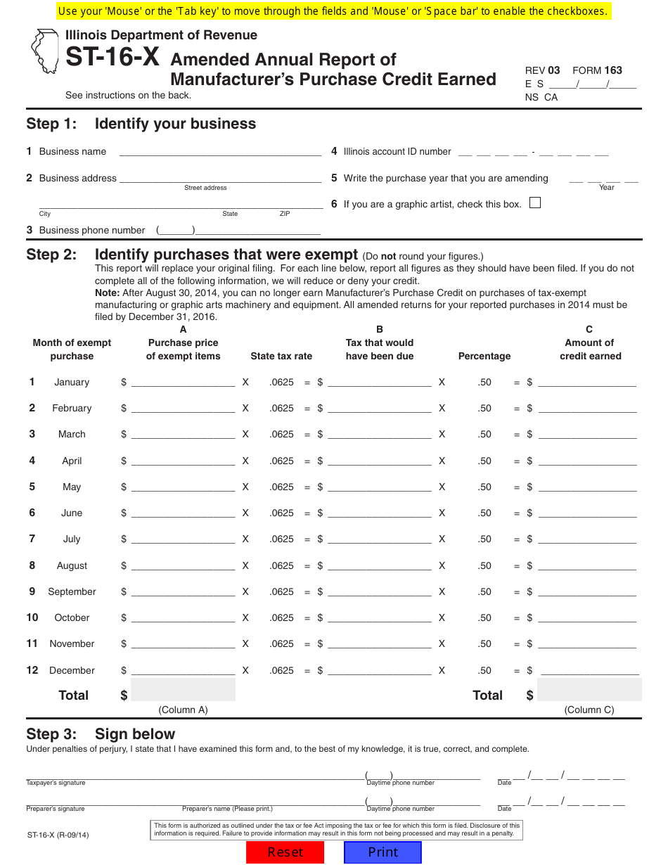 Form ST-16-X Amended Annual Report of Manufacturers Purchase Credit Earned - Illinois, Page 1