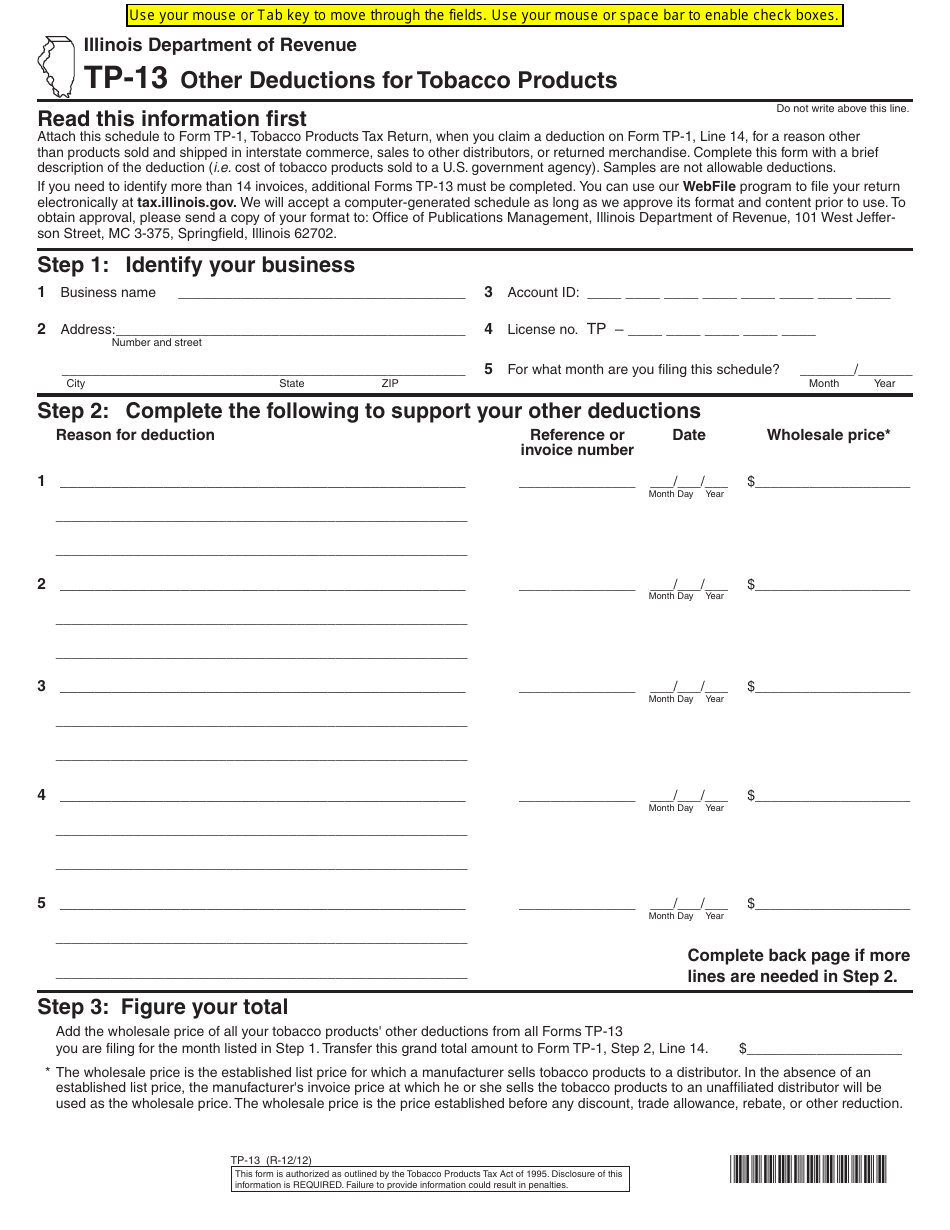 Form TP-13 Other Deductions for Tobacco Products - Illinois, Page 1