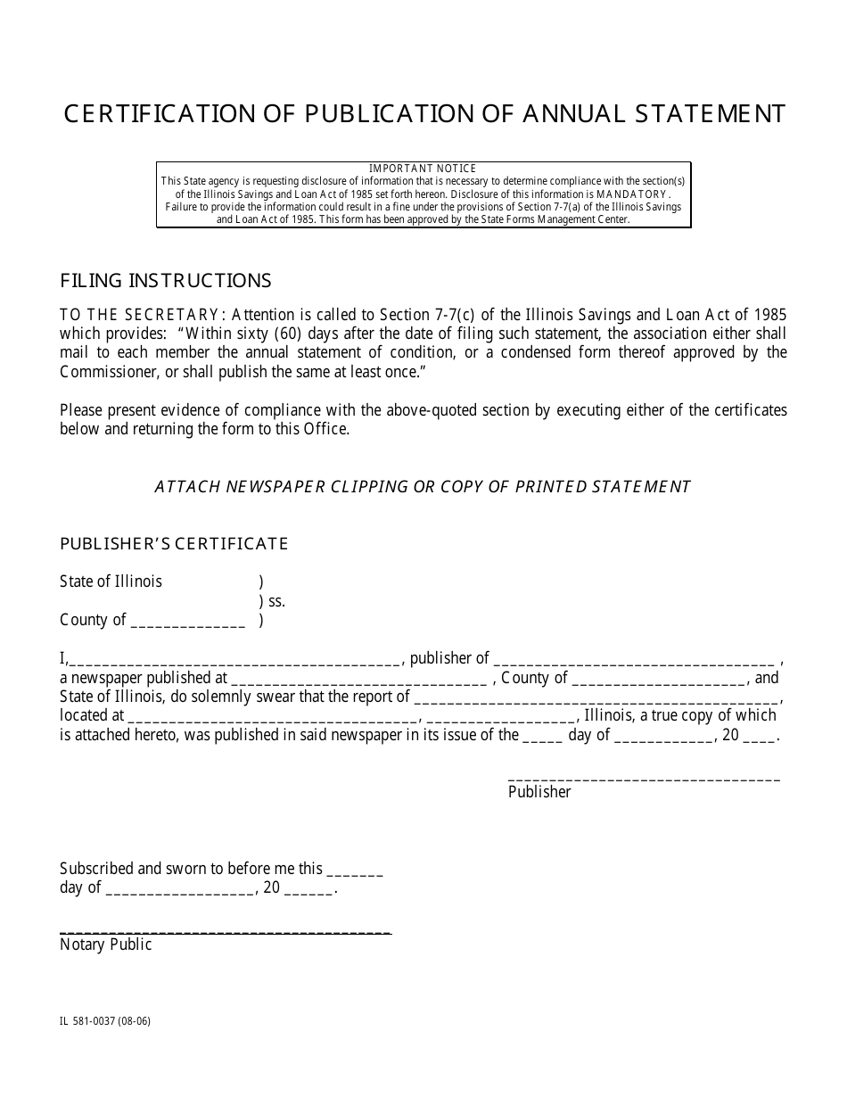 Form IL581-0037 Certification of Publication of Annual Statement - Illinois, Page 1