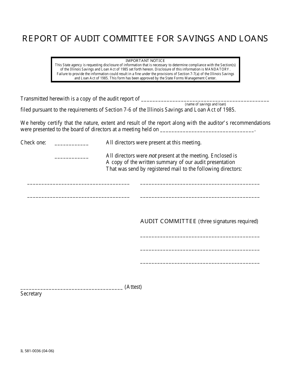 Form IL581-0036 Report of Audit Committee for Savings and Loans - Illinois, Page 1